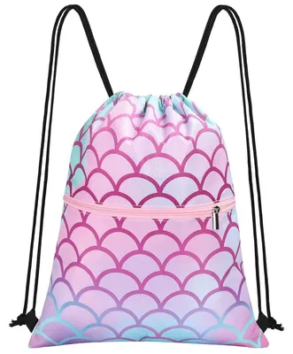 Produktbild von Kinderrucksack Trekkordel Wasserdicht - Rosa mit Meerjungfrauenmuster - 28 x 22 x 2 cm - Oxford-Gewebe - Für Schwimmen, Sport und Schule