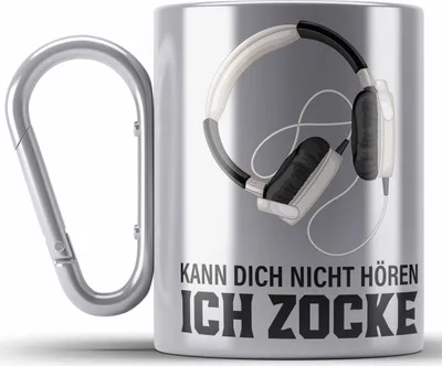 Produktbild von Trendation - Gamer Edelstahl Tasse Karabiner Geschenk Jungen Zocker Mitbringsel Männer Zocken Gaming Geschenkideen PC Kinder Zubehör Spruch Lustig Kann Dich Nicht Hören (Silber)