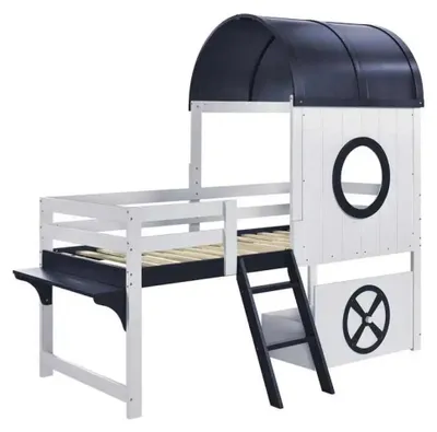 Immagine prodotto di Letto a castello per bambini, altezza media - 90 x 200 cm - Con tetto e finestra - Cassetto estraibile sotto il letto - Scala inclinata - Materiali: pino/MDF/compensato - Colore: bianco/blu scuro