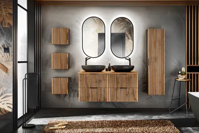 Produktbild von Design Badmöbel Set XILO 120 cm mit 2 Waschbecken LED Soft-Close verschiedene Kombinationen komplettes Badmöbel Set