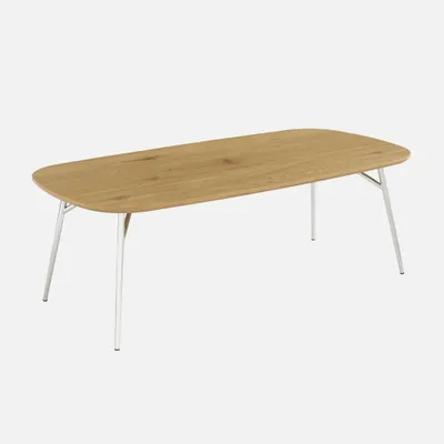 A rectangular coffee table with a wood-look top and silver metal legs, presented against a plain light gray background.