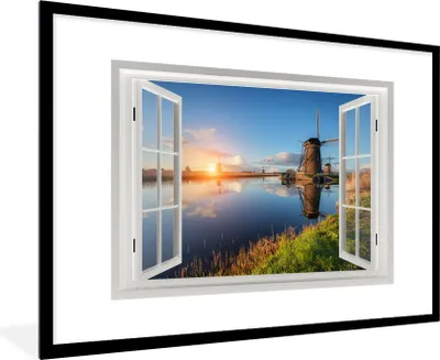 Produktbild von MuchoWow® MuchoWow® Gerahmtes Poster Aussicht - Wasser - Mühle 90x60 cm - Poster mit zchwarzem Bilderrahmen - Wanddekoration - Fotos