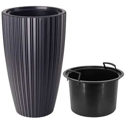 Produktbild von Blumenübertopf "Line Slim" mit herausnehmbaren Einsatz 2in1, 3D-Textur, Oval | Höhe: 48cm | Farbe: Anthrazit