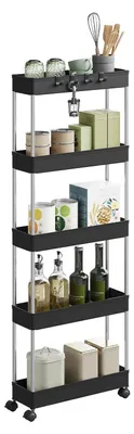 Zdjęcie produktu dla Wózek kuchenny - Wąski - 5 poziomów - Czarny - 41,5 x 112 x 13,5 cm - Obrotowe kółka 360°