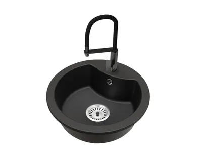 Produktbild von Mila Einbecken-Granitspüle Rund mit Küchenarmatur LUK Schwarz und Siphon Chrom