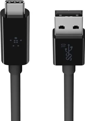 A black USB-C to USB-A cable with silver connectors is shown against a white background.