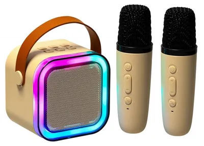Produktbild von KIK KX3377 Karaoke-Bluetooth-Lautsprecher, 6 Watt, 2 kabellose Mikrofone, beige