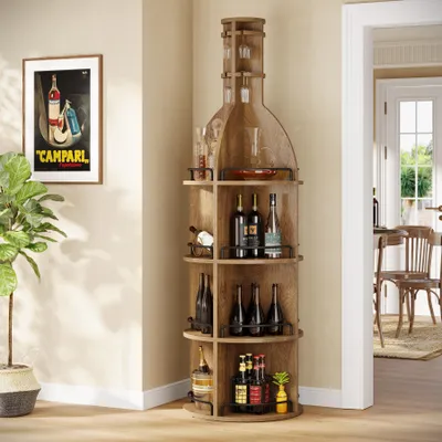 Zdjęcie produktu dla Stojak na wino Tribesigns o wysokości 190 cm, z przegródkami do przechowywania, okrągła szafka na wino w stylu industrialnym z wiszącym uchwytem na kielichy, piwniczka, rustykalny brąz