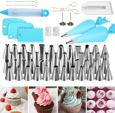 Produktbild von 62 Teiliges Spritztüllen Set - 48 Edelstahldüsen + 3X Schaber + 2X Reinigungsbürste | Blütennägel | Silikonbeutel | Kupplungen + 1x Zierfeder | Schere | Creme-Schaber
