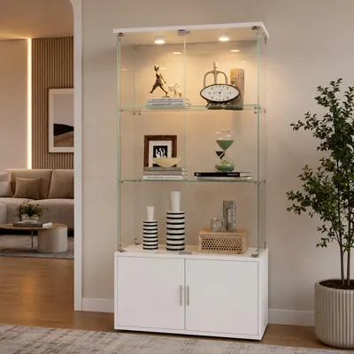 Productafbeelding van INONEFT Glazen vitrine met LED-verlichting, vitrinekast met dubbele deur en 4 etages, voorzien van slot, gemaakt van gehard glas, met verborgen opbergruimte, afmetingen 78x35x164 cm, wit, AI-gegenereerde afbeelding