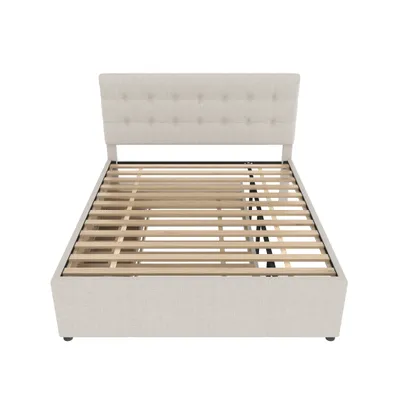 Produktbild von Flieks Polsterbett 140x200cm Doppelbett mit ausziehbarem Unterbett, Massivholzbett mit Lattenrost und 3 Schubladen, Stauraumbett Gästebett Tagesbett
