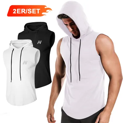 Obrázek produktu pro 2dílné pánské tílko MEETWEE Sportovní tričko s kapucí Svalová trička bez rukávů Fitness černá/bílá XXL