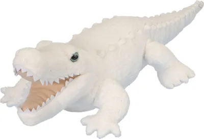 A white plush alligator toy is shown lying on a white background with its mouth open.