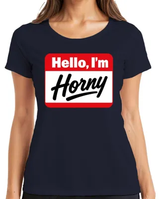 Immagine prodotto di T-shirt divertente con scritta "Ciao, sono Horny", ideale per una festa, regalo per una donna, compleanno, taglia M, colore blu navy