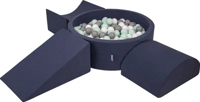 Produktbild von KiddyMoon spielplatz aus schaumstoff mit rund bällebad (300 bälle) ballgruben für babys spielbad hindernisläufen, hergestellt in der eu, dunkelblau:weiß/grau/minze