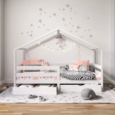 Produktbild von Hausbett ENA aus massiver Kiefer, schönes Montessoribett in 90 x 200 cm, Kinderbett mit Rausfallschutz, stabiles Spielbet mit Dach und 2 Schubladen in weiß