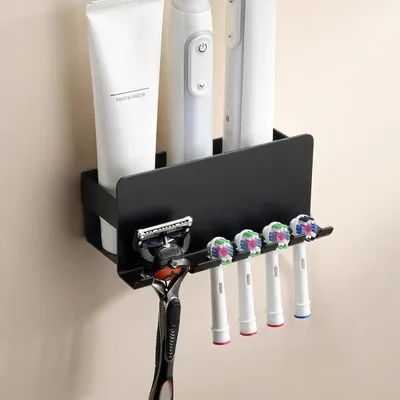 Obrázek produktu pro Držák na zubní kartáčky, nástěnný, samolepicí, pro 4 elektrické zubní kartáčky, černá matná barva