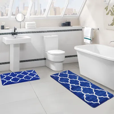 Image de tapis de bain 2 pièces antidérapant microfibre géométrique absorbant lavable en machine - bleu