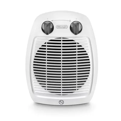 A white electric fan heater with a black grille and two grey control knobs on a white background.