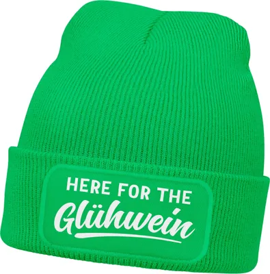 Produktbild von Damen Beanie mit Patch Strickmütze mit Spruch Here for Glühwein Aufdruck Lustig Damenmütze Moonworks®