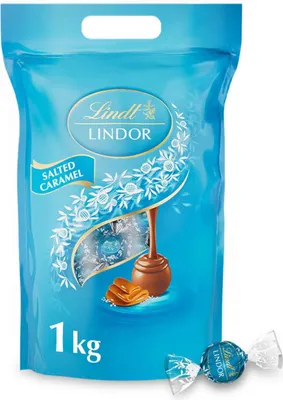 A large bag of Lindt Lindor Salted Caramel chocolates.