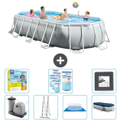 Produktbild von Intex Oval Prism Frame Swimmingpool – 503 x 274 x 122 cm – Grau – inklusive Pumpe – Leiter – Bodenplane – Abdeckung Wartungspaket - Filter - Bodenfliesen