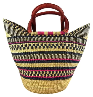 Produktbild von Bolga Tasche XXL - Das Original aus Ghana - Bunt - Fair Trade - Oval - Viele Farben - Afrikanische Korbtasche mit Ledergriff - Flechttasche 40-45 cm - Einkaustasche mit Wunschdesign (Wenchi)
