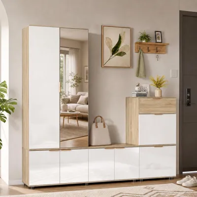 Produktbild von Eingang Kombischrank 190x180x36cm MDF Hochglanz Weiß & Holzoptik, Ganzkörperspiegel, Schuhbank, Kleiderhaken, Schublade, für Flur