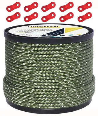Image de 50 mètres de cordes torsadées réfléchissantes pour les haubans de tente, 100 % nylon, avec 10 plaquettes en aluminium, crochets d'escalade pour le camping (vert clair, diamètre 4 mm)