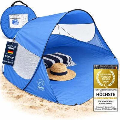 Produktbild von Canyon Cruise Automatik Strandmuschel Blau – Pop Up Wurfzelt für 3 Personen (240x140x100 cm) Ultraleichtes Strandzelt als Sonnenschutz