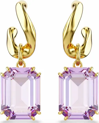 A pair of gold hoop earrings with large, rectangular purple gemstones.