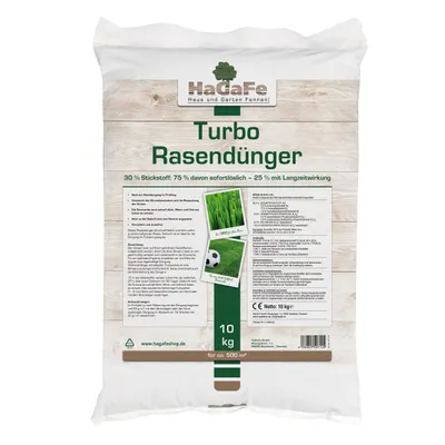 Produktbild von 10kg (1 x 10kg) HaGaFe Turbo Rasendünger, mit 30% Stickstoff, Spezialdünger, Rasen - Dünger mit 120 Tage LZW, 10 Kg Für 500 m²