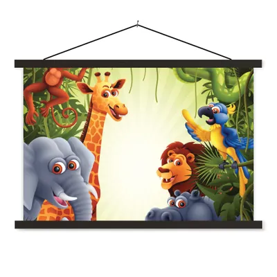 Produktbild von MuchoWow® Textilposter Dschungel - Jungen - Mädchen - Baby - Elefant - Löwe - Giraffe 150x100 cm mit schwarzem Rahmen - Schlafzimmer