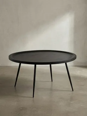 Produktbild von Couchtisch 75x75x38 cm Mango Massivholz Metall Schwarz Sofatisch Rund, Design Wohnzimmertisch mit natürlicher Holzmaserung, Kaffeetisch Wohnzimmer Zeitlos