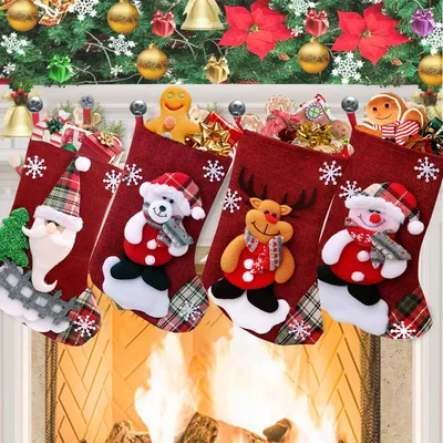 4 Weihnachtsstrümpfe aus Jute/Vliesstoff, rot-weiß, L
