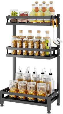 Obrázek produktu pro Unyqoos® Nástěnné regály na koření, 3 úrovně, z oceli, černé barvy – úsporný, otevřený kuchyňský regál vhodný pro úzké pracovní desky, nerezový, s 4 háčky