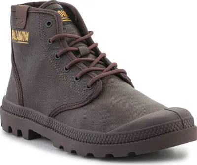 A single brown Palladium boot is shown against a white background.
