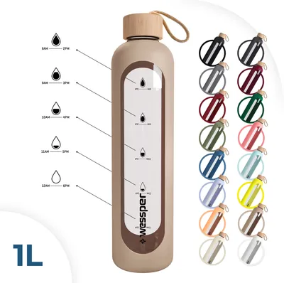 Produktbild von Wessper Trinkflasche Glas Mit Silikonhülle, Wasserflasche Mit Zeitmarkierungen, Motivierende Flasche, Transparente Wasserflasche Aus Borosilikat Glas, Berwachung Ihrer Täglichen Wasseraufnahme 1L Dark