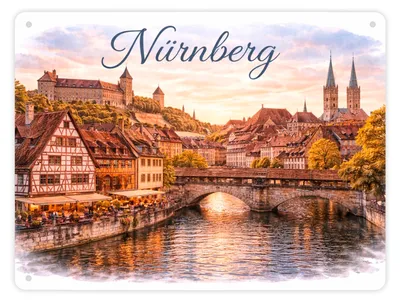 Produktbild von Nürnberg Stadtansicht bei Sonnenuntergang Metallschild XL in 21x28 cm