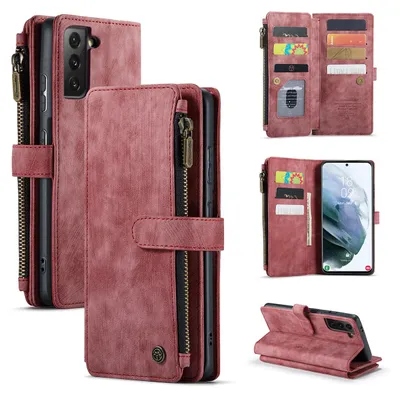 Immagine prodotto di Custodia Galaxy S21 5G, custodia in Finto cuoio con cerniera, chiusura magnetica, tasca per carte, supporto, portafoglio, custodia protettiva per Samsung Galaxy S21 5G rosso