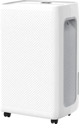 A white dehumidifier with a perforated front panel and a gray vent on the side, shown from a three-quarter angle on a white background. It has small black wheels at the bottom.
