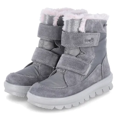 A pair of gray winter boots for children.
