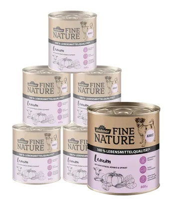 Produktbild von Dehner Fine Nature Hundefutter, Nassfutter getreidefrei / zuckerfrei, für ausgewachsene Hunde, Lamm / Kartoffel, 6 x 800 g Dose (4.8 kg)