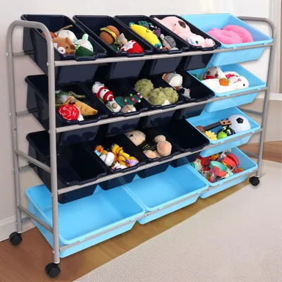 Spielzeug-Organizer, 4 Ebenen, 18 Boxen, Metall, Blau