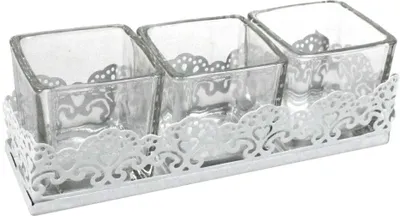Produktbild von 3 Teelichthalter Glas + Metalltablett 17x5x5cm Windlicht Windlichter Kerzenglas