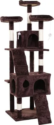 A multi-level cat tree with scratching posts, platforms, and enclosed cubbies, presented against a white background.
