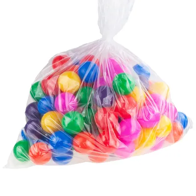 A clear, well-lit studio shot of a bag of colorful plastic balls against a white background.