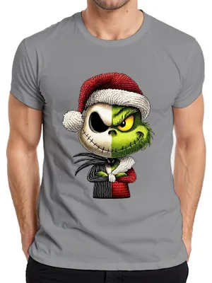 Zdjęcie produktu dla Koszulka męska Grinch & Jack Skellington Mashup Half Face Christmas, szary, 3XL