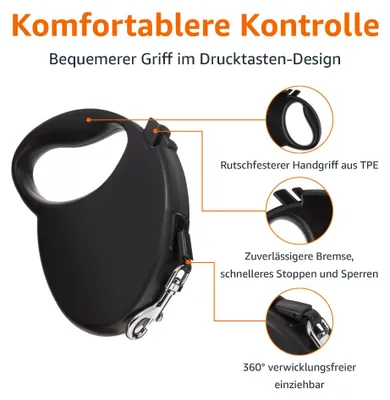 Immagine prodotto di Guinzaglio retrattile per cani Amazon Basics, 5 m, taglia S, nero