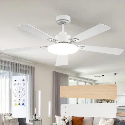 Zdjęcie produktu dla Wentylator sufitowy z oświetleniem i pilotem, średnica 132 cm, cichy silnik DC, 5 łopatek, 6 prędkości, 3 tryby barw światła, timer, funkcja zimowa/letnia